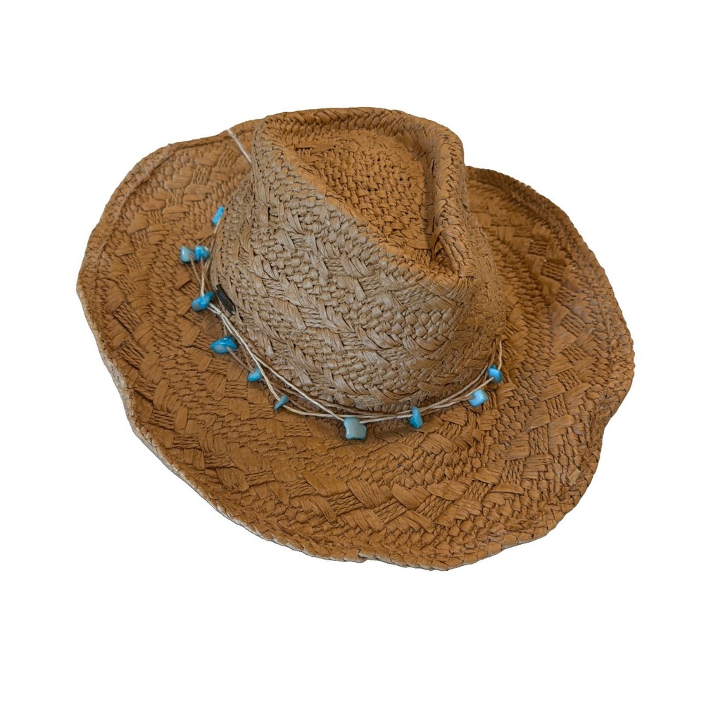 Sun'n Sand SPF50 Womens Woven Straw Wide Brim Hat Western Turquoise Color Accent